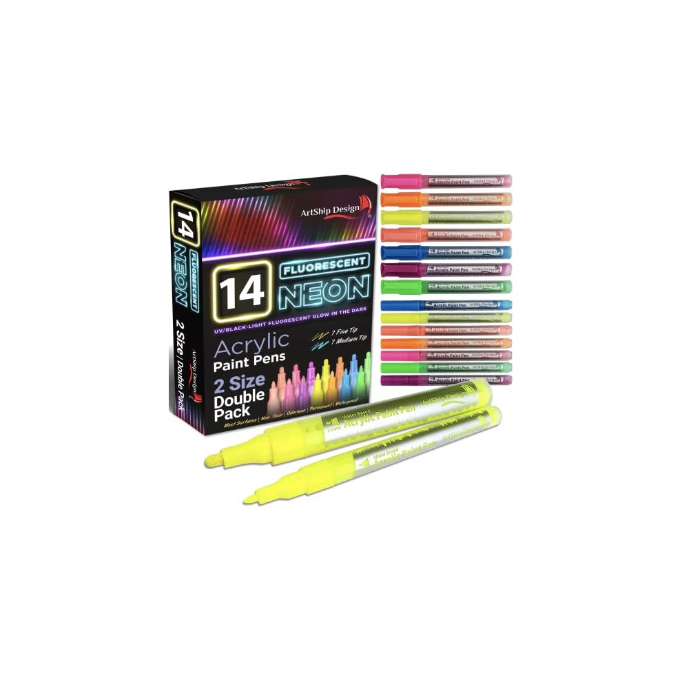 14 Pack Neon Fluorescent Acrylic Paint Pens, Double Pack of Both Extra Fine and Medium Tip Paint Markers, for