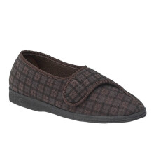 (UK 11) Comfylux Mens Paul Touch Fastening Washable Wide Fit Slippers Dark Brown Check (EE Fitting)