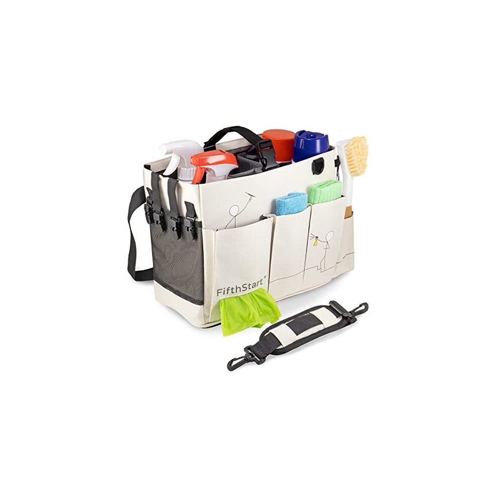 Fifthstart Wearable Cleaning Caddy With Handle - Hands-Free Shoulder & Waist Straps, Car & Under-Sink Organizer (, Medium) Beige