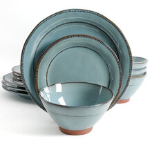 Gibson Elite Terranea Round Reactive Glaze Terra Cotta Dinnerware Set, Service for Four (12pcs), Teal