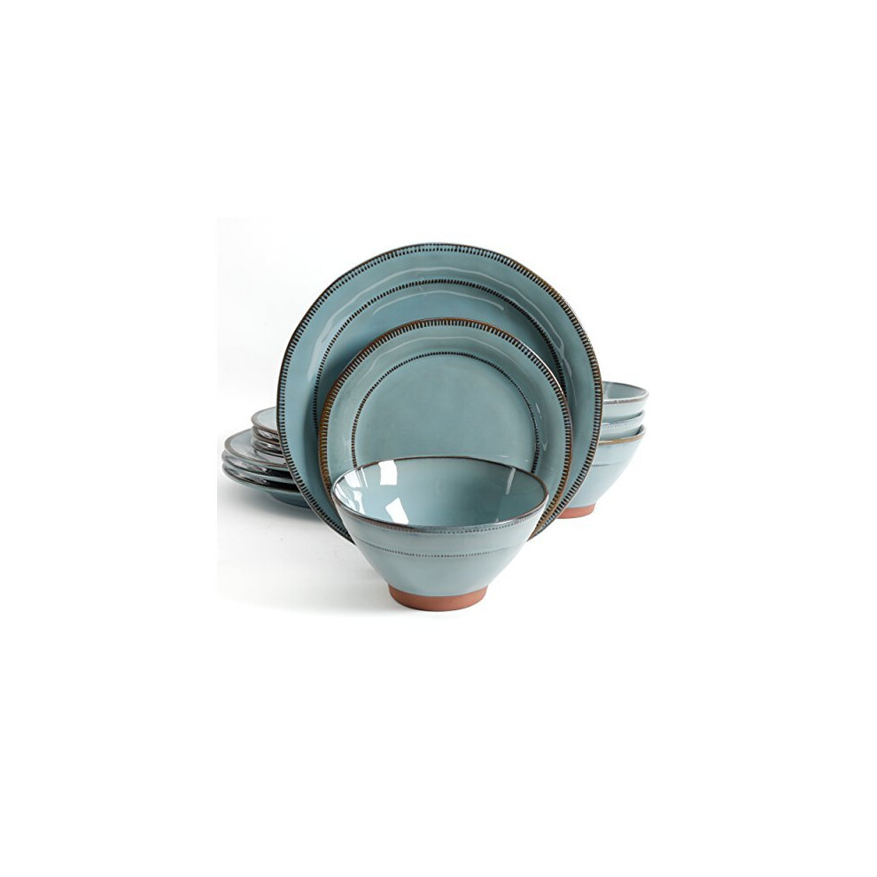 Gibson Elite Terranea Round Reactive Glaze Terra Cotta Dinnerware Set, Service for Four (12pcs), Teal