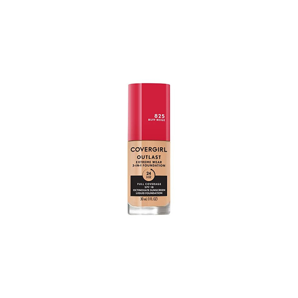 covergirl Outlast Extreme Wear 3-in-1 Full coverage Liquid Foundation, SPF 18 Sunscreen, Buff Beige, 1 Fl Oz