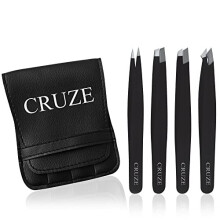 CRUZE Tweezers Set (4-Piece) - Precision Tweezers for Facial Hair Women and Men - Eyebrow Tweezers Slanted and