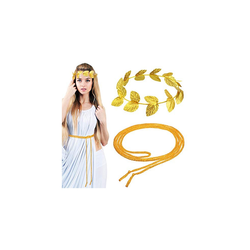 2 Pieces Roman Laurel, Roman Head Wreath Leaf Crown Headdress with 2 Pieces Roman Rope Belt, Gold