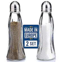 Salt and Pepper Shakers glass Set, clear curved Design, classic Restaurant Style, glass Body with Stainless St