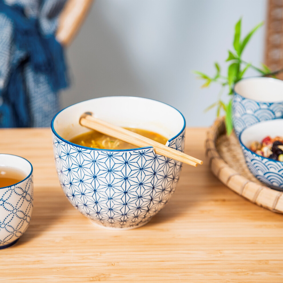 SASHIKO PATTERN NOODLE BOWL WITH CHOPSTICKS - SET OF 4