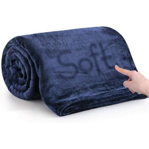 (Single, Navy) Fleece Blankets Throw Sofa Bed Travel Warm Fluffy