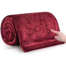 (Single, Burgundy) Fleece Blankets Throw Sofa Bed Travel Warm Fluffy