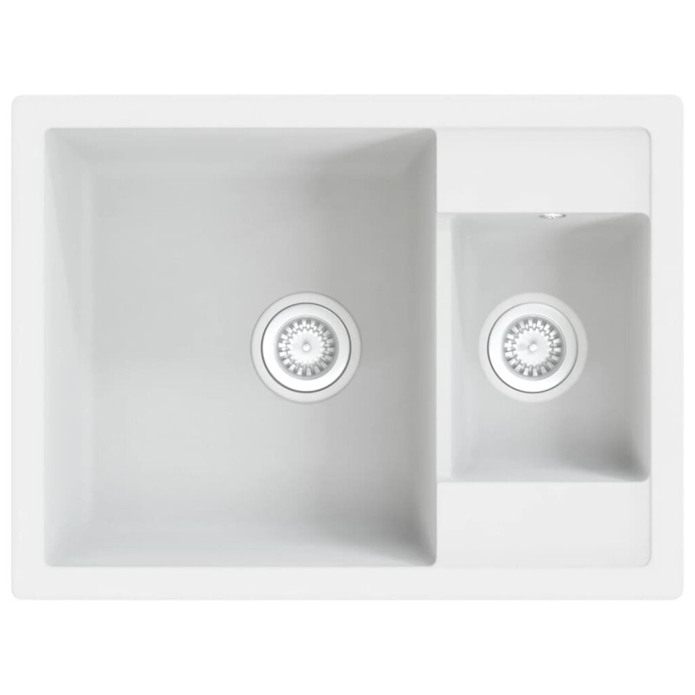 vidaXL Kitchen Sink with Overflow Hole Double Basins White Granite Strainer