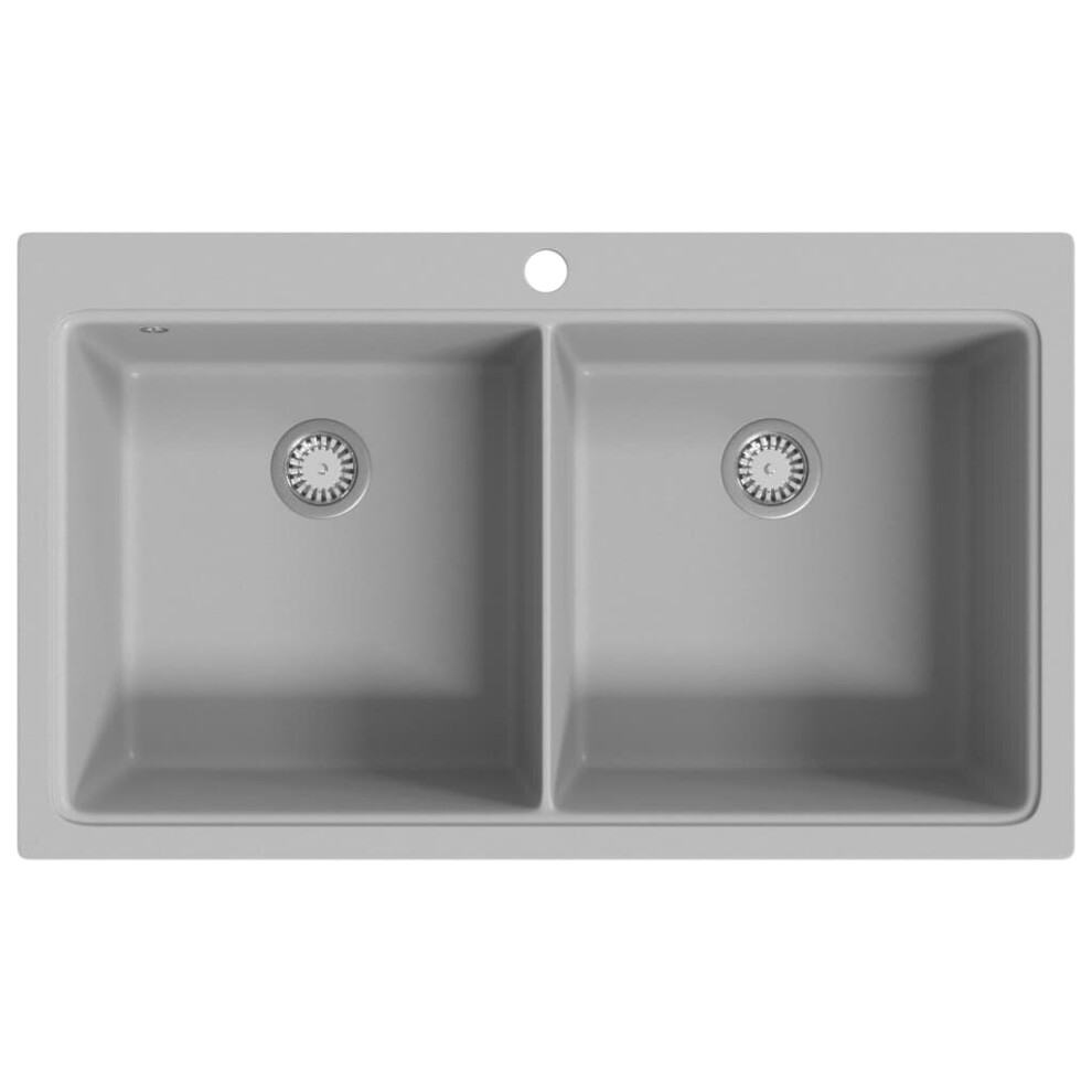 Overmount Kitchen Sink Double Basin Plumbing Kit Granite Grey 860 x 510 mm