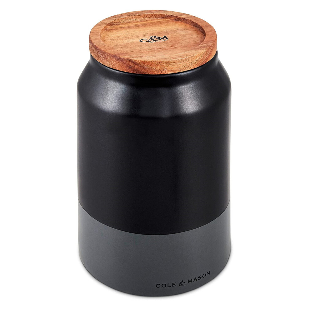 Ceramic Kitchen Storage Jar Wood Lid Canister Tea Coffee Sugar Black Container - Medium