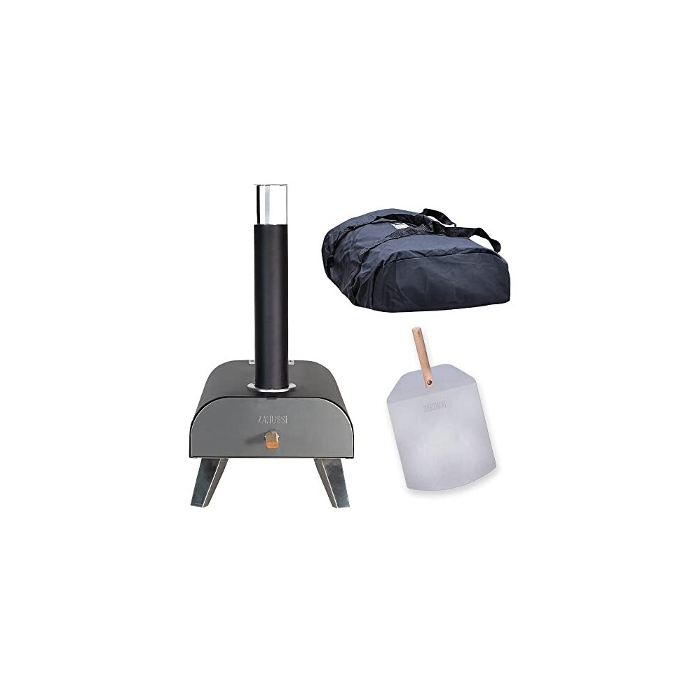 Zanussi ZPO1BPC Outdoor 12 Inch Wood Pellet Portable Wood Fired Pizza Oven with Paddle and Cover in Black, BBQ Oven & Smoker, Stainless Steel Foldable