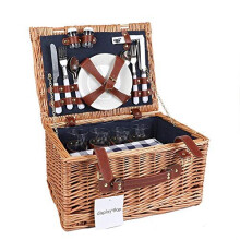 Display4top Deluxe 4 Person Traditional Wicker picnic basket Wicker Hamper - Premium Set with Plates, Wine Glasses, Flatware and Napkins (Blue)