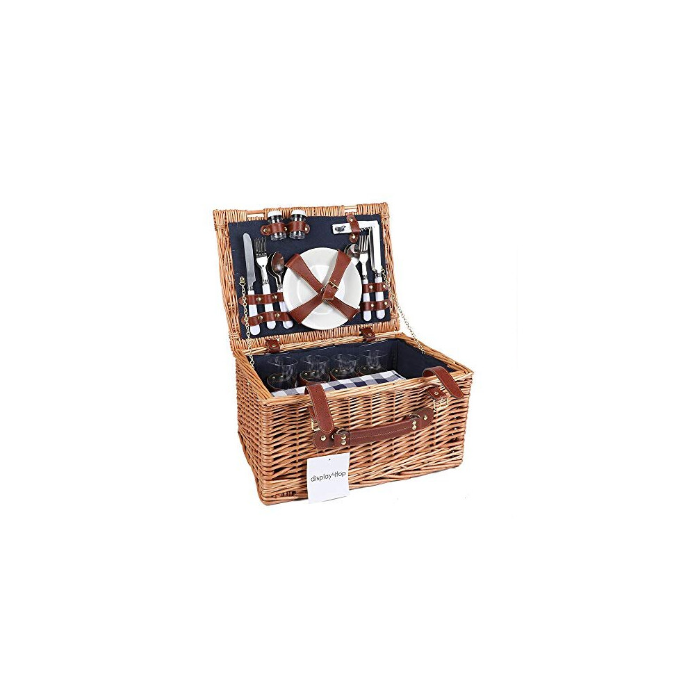 Display4top Deluxe 4 Person Traditional Wicker picnic basket Wicker Hamper - Premium Set with Plates, Wine Glasses, Flatware and Napkins (Blue)