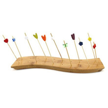 BambooMN 12" x 3" Bamboo Skewer Holder Food Display S-Wave Bamboo Skewers Stand w/ 20 Holes, Natural Color - 3 Pieces