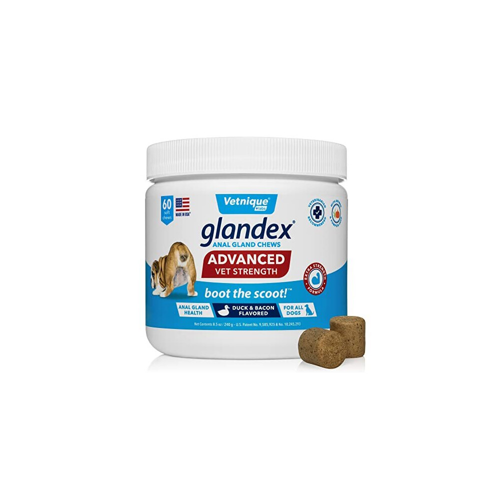 Vetnique Labs Glandex Advanced Strength Vet-Recommended Anal Gland Chews For Dogs – Megafiber, Digestive Enzymes & Probiotics, Vegan Duck & Bacon Flavor