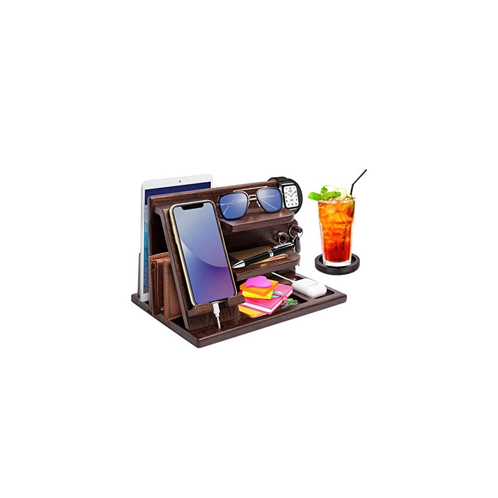 Wood Phone Docking Station - Gifts For Men Desk Or Nightstand Organizer - Birthday Gifts For Husband Fathers Day For Dad - Anniversary Idea From Brown 737054814528