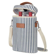 Insulated Wine Cooler Bag, 2 Bottle Padded Wine Tote Carrier for Picnic, Beach, Camping, Wine Lover Gift, Stripe