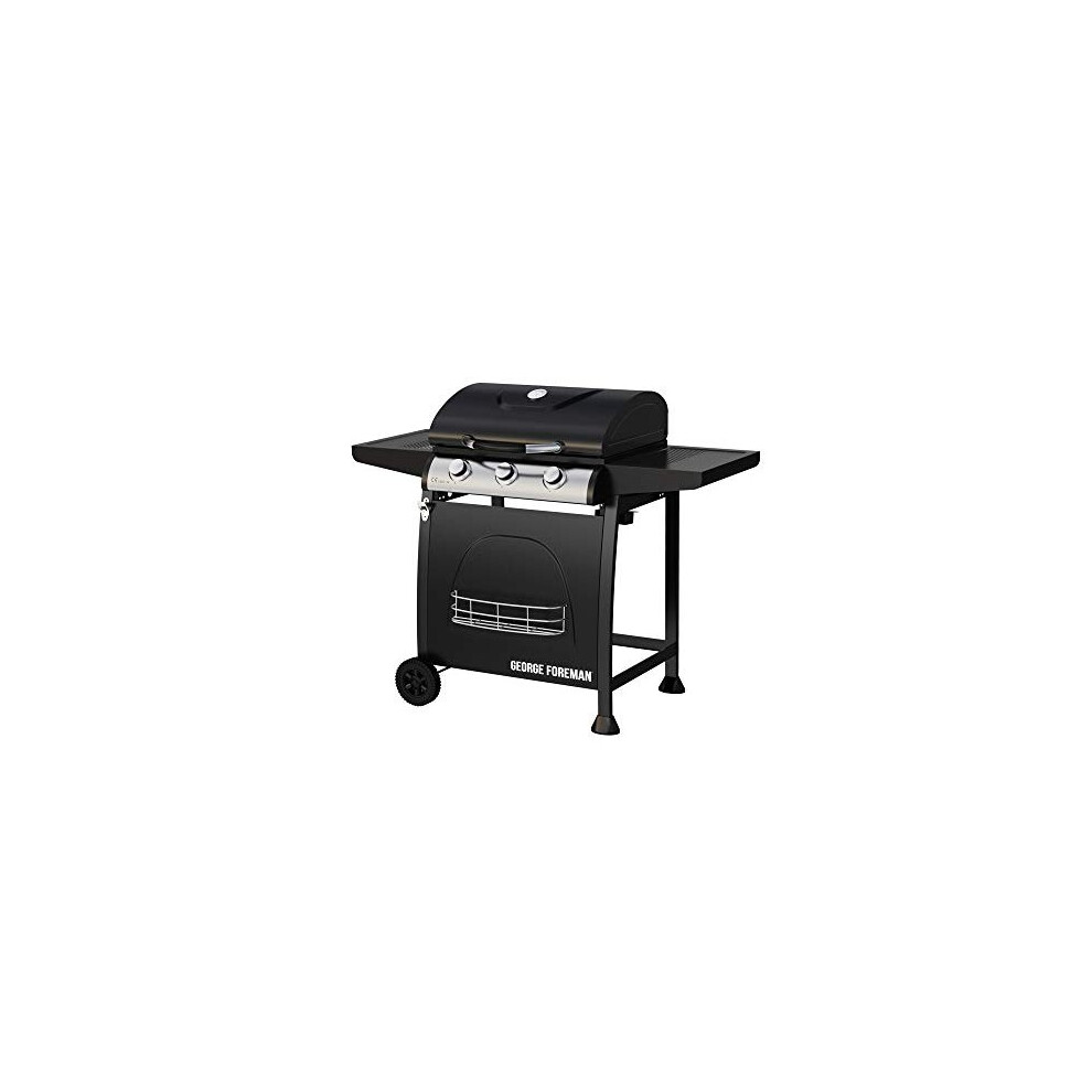 George Foreman Gfgbbq3b 3 Burner Gas Barbecue With Automatic Ignition & Integrated Thermometer, Gas Bbq, 2 Wheels Fitted Rack With 2 Shelves Black