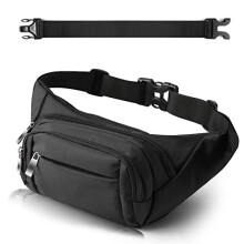 4 Pockets BumBags Ladies 35cm Extended Belt Large Waist Bum Bag Men,Large Capacity Waist Bag Waterproof Black Fanny Pack for iPad Mini & iPhone- Gift