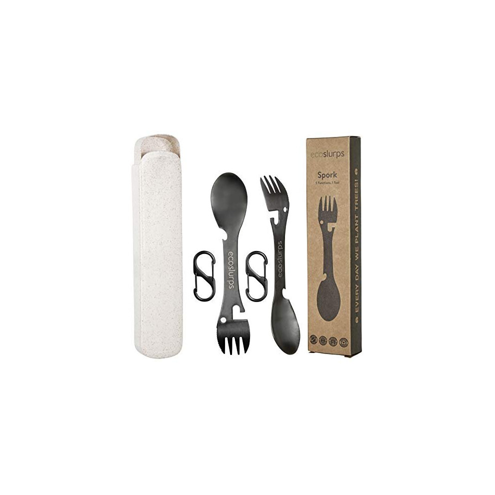 EcoSlurps 2 Spork Travel Cutlery Set - Stainless Steel Sporks with Eco-Friendly Travel Case and Carry Clip - British Brand (2 Sporks)