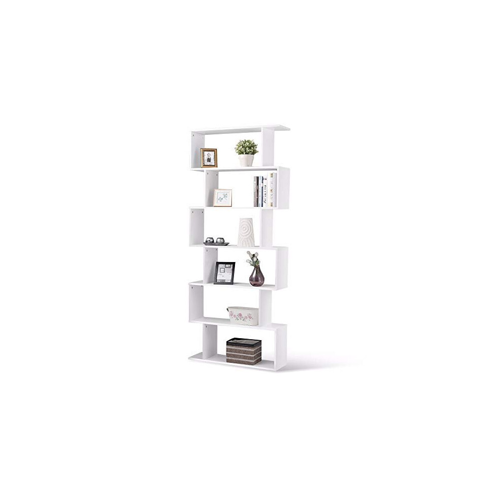 PALDIN Wooden Bookcase, 6 Tier Shelves Bookshelf white Cube Display Shelf Free Standing Particle Board Storage Display Shelving S Shape design Unit