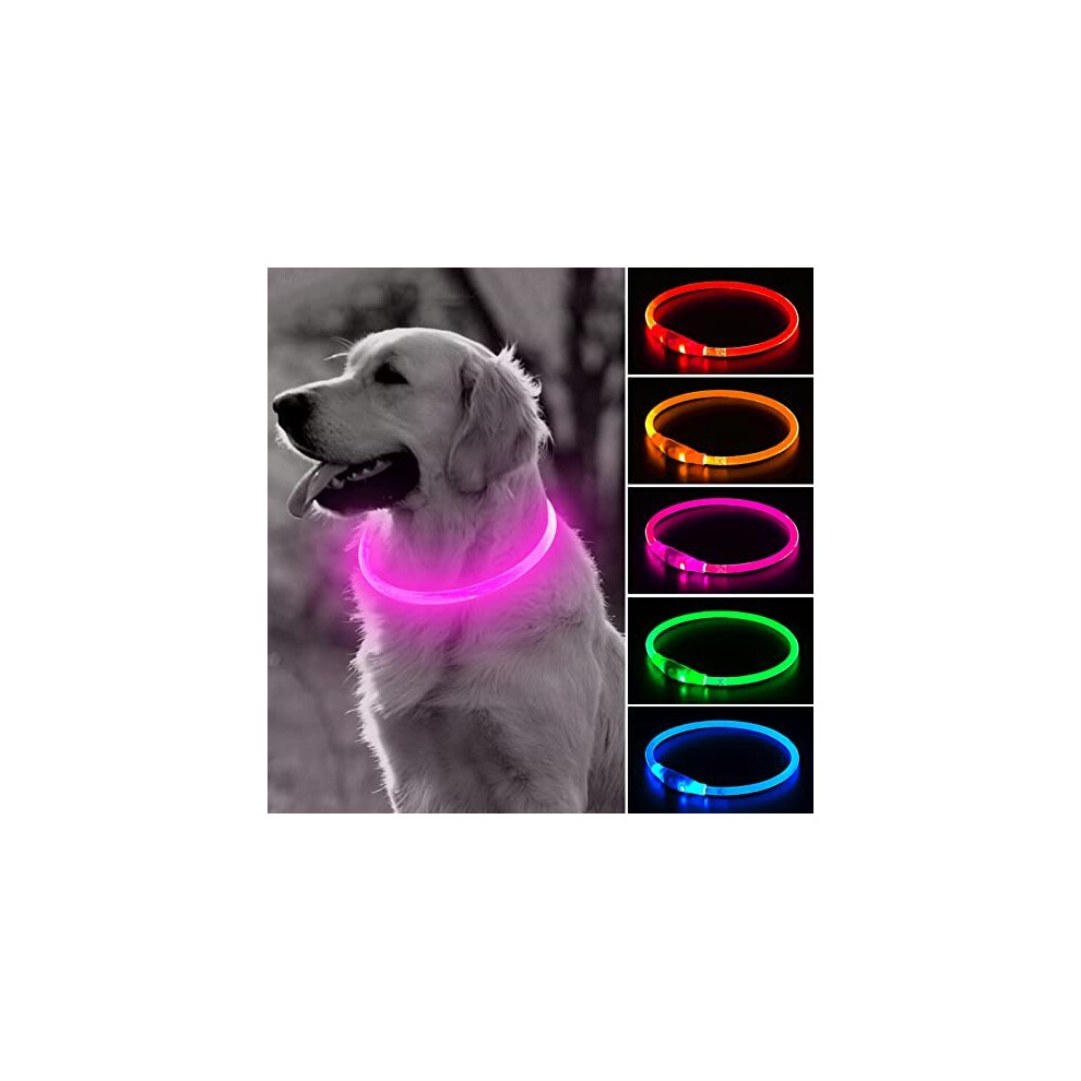 BSeen LED Dog Collar, USB Rechargeable Glowing Pet Collar, TPU Cuttable Dog Safety Lights for Small Medium Large Dogs (Pink-II)