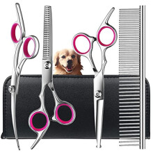 Dog Grooming Scissors kit with Safety Round Tips, TINMARDA Stainless Steel Professional Pet Grooming Trimmer Kit - Thinning, Straight, Curved Shears