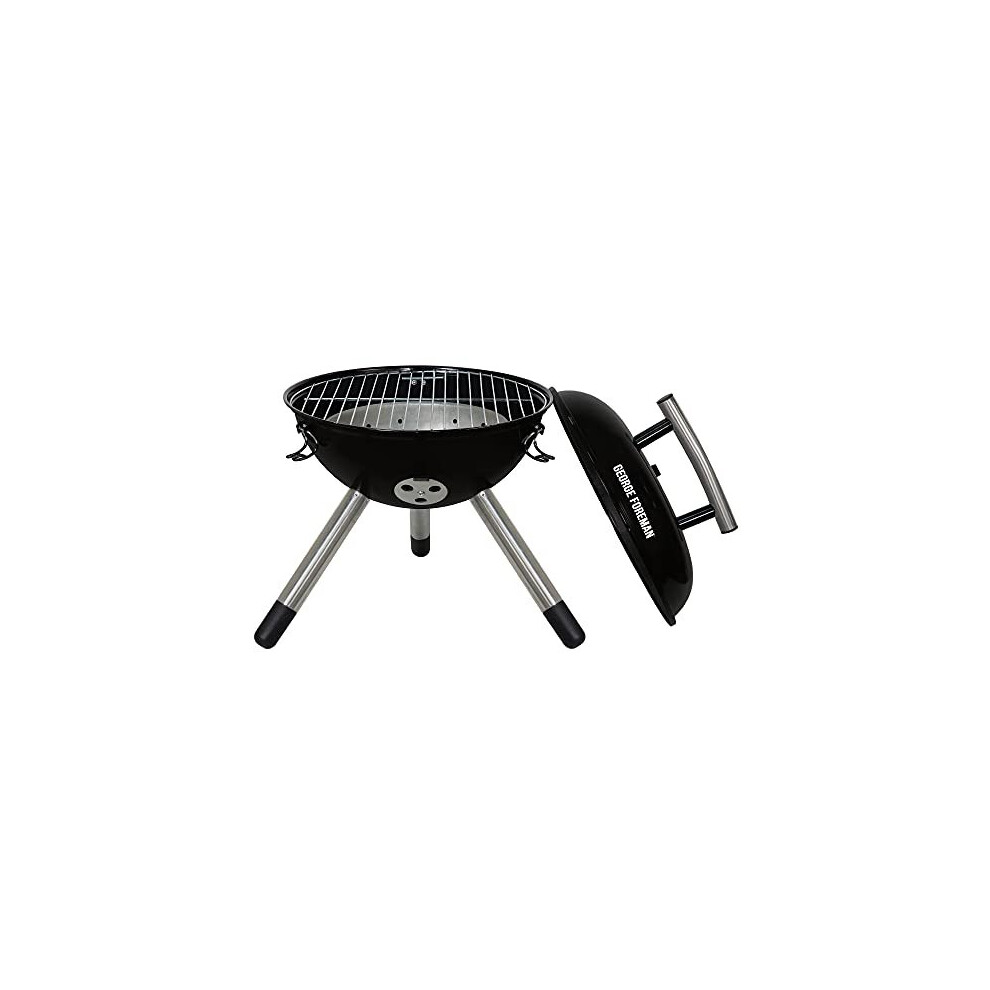 George Foreman GFPTBBQ1401B 34 cm Compact Portable Round Charcoal BBQ, Adjustable Air Vent, Lightweight & Integrated Handle with Chrome Grill