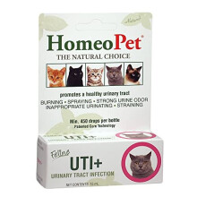 HomeoPet FELINE UTI+. 100% Natural Pet Medicine. Promotes a healthy upper and lower urinary tract in cats. For kittens, adult and senior cats. 15ml/up