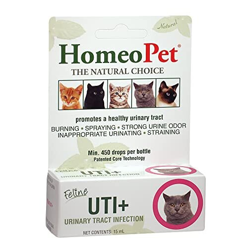 HomeoPet FELINE UTI+. 100% Natural Pet Medicine. Promotes a healthy upper and lower urinary tract in cats. For kittens, adult and senior cats. 15ml/up