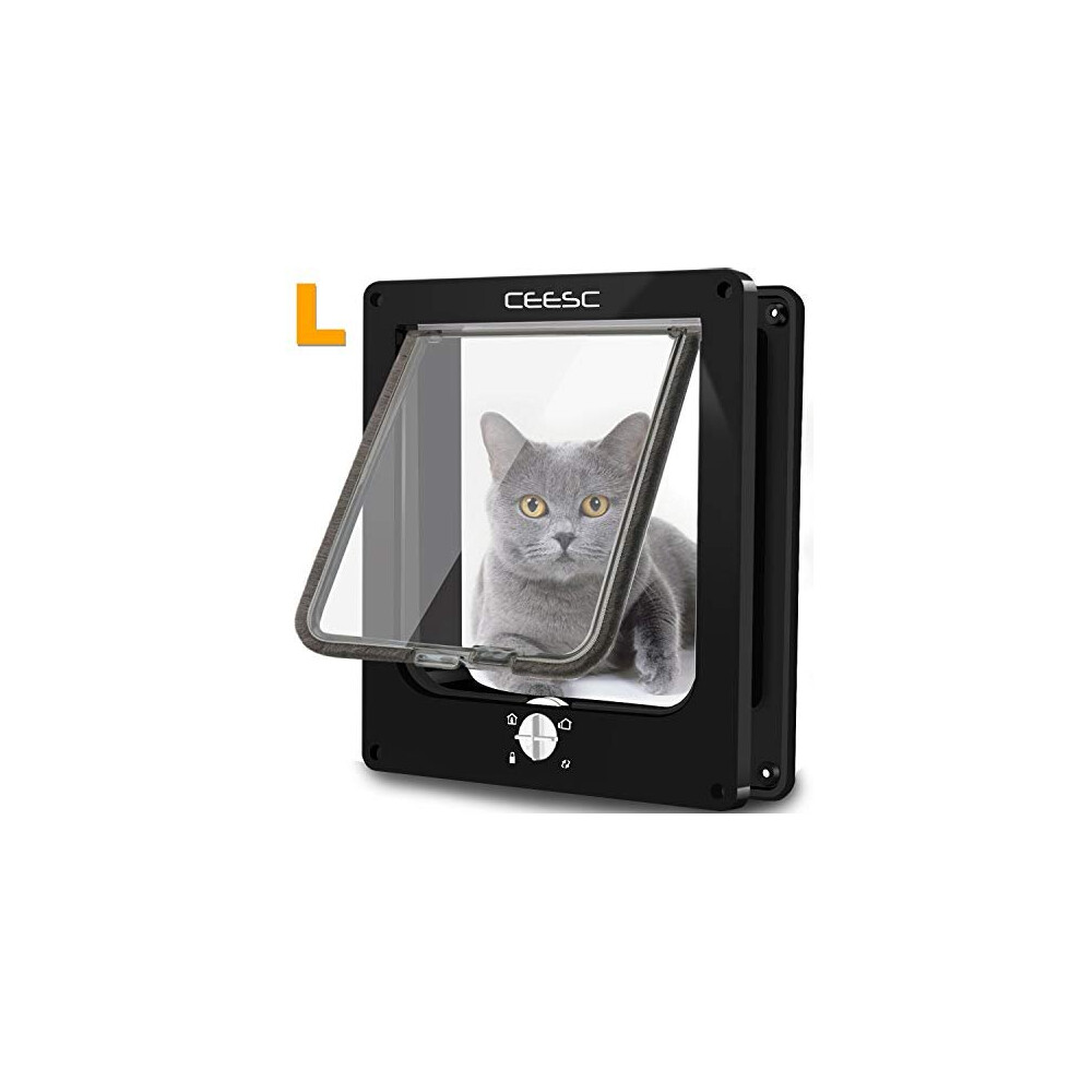 CEESC Large Cat Flap, Magnetic Pet Door with Rotary 4 Way Lock for Cats, Kitties and Kittens (Large, Black)