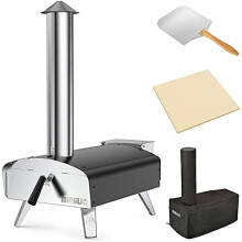 Mimiuo Outdoor Wood & Pellet Fired Pizza Oven for Garden, Black Coated Classic W-Oven Series with Pizza Stone & Foldable Pizza Peel