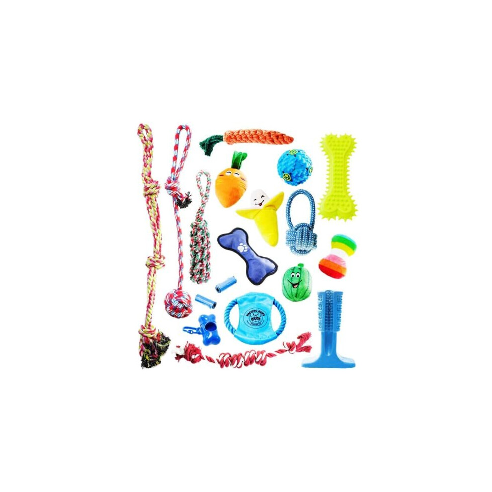 Pacific Pups Products supporting PacificPupRescue.com - 18 Piece Dog Toy Set with Dog Chew Toys, Rope Toys for Dogs, Plush Dog Toys and Dog Treat 