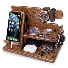 Teslyar Wood Phone Docking Station Key Holder Wallet Stand Watch Organizer Men Husband Wife Anniversary Dad Birthday Nightstand Purse Father