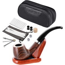 Joyoldelf Tobacco Smoking Pipe with Leather Smoking Pipe Pouch, Pear Wood Handmade Tobacco Pipe with Pipe Stand, Scraper, Filter, Metal Ball and Other