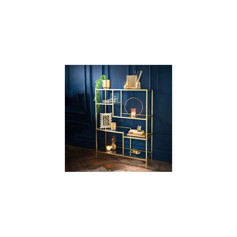 Gold Metal Floor Shelving Unit with Multi-Glass Shelves Floor Standing Display Decoration Shelf