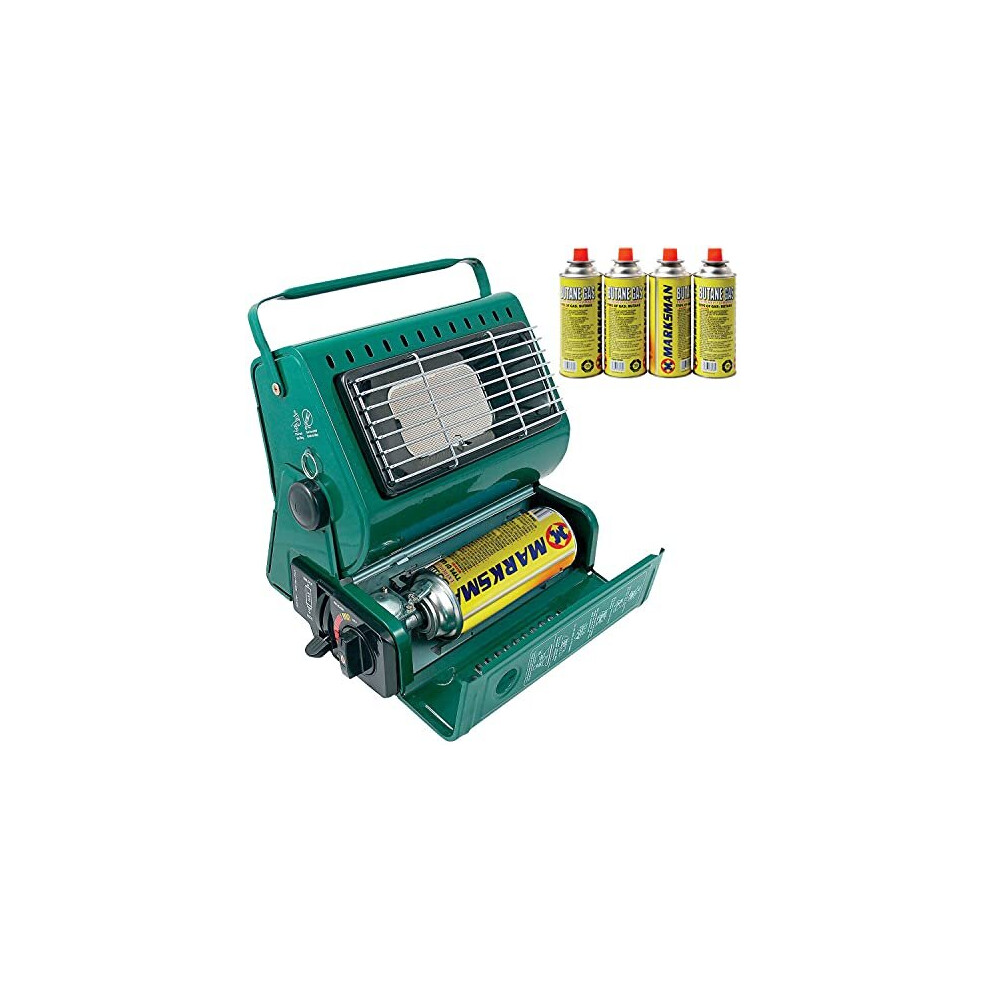 BARGAINGALORE PORTABLE GAS HEATER OUTDOOR CAMPING FISHING + 4 BUTANE GAS BOTTLES CANISTERS NEW