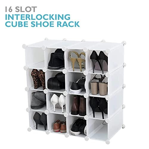 AMOS 16 Pair Interlocking Cube Shoe Storage Rack Organiser with Back Panels Space-Saving Adjustable Modular Slot Shelf Box Unit Boots Trainers Display 1