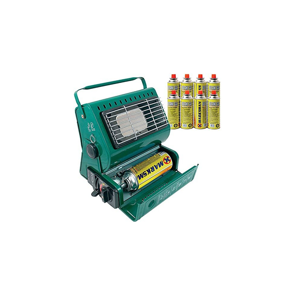 BARGAINGALORE PORTABLE GAS HEATER OUTDOOR CAMPING FISHING + 8 BUTANE GAS BOTTLES CANISTERS NEW