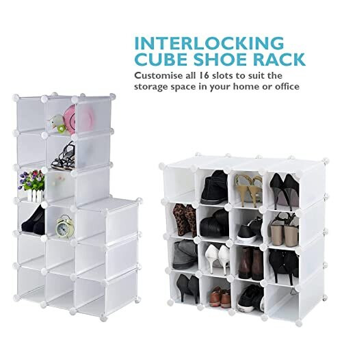 AMOS 16 Pair Interlocking Cube Shoe Storage Rack Organiser with Back Panels Space-Saving Adjustable Modular Slot Shelf Box Unit Boots Trainers Display 2