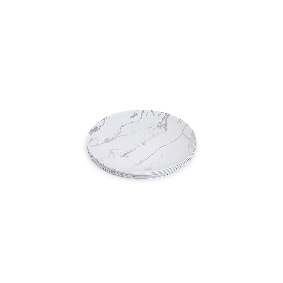 Pack of 10 White and Silver Hard Plastic Reusable Salad Plates ~ Marble Design Plastic Dinnerware-Ideal for Weddings and Parties (9" Plates)
