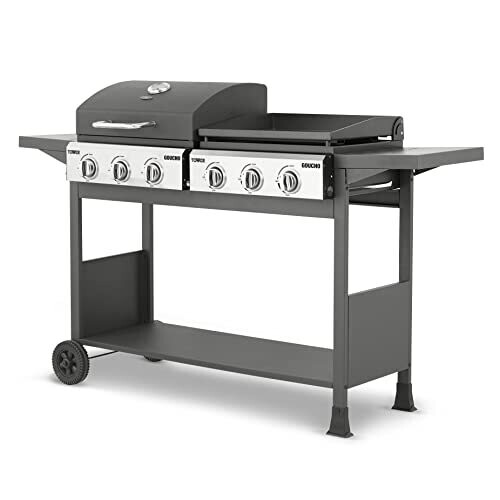 Tower T978544 Goucho Six Burner Gas BBQ and Plancha with Precision Heat Thermometer and Waterproof Cover, Black