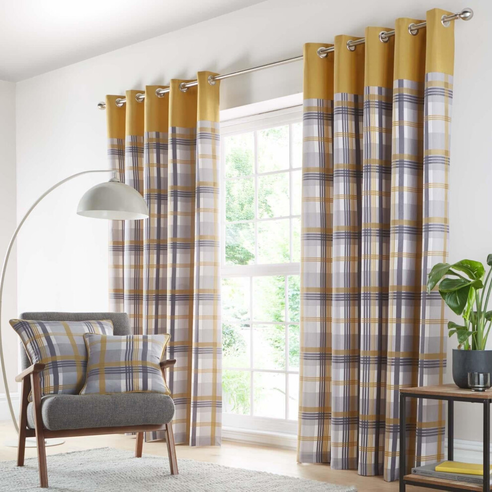 (90 x 90" (229x229cm)) Check curtains eyelet ring top lined ochre yellow grey taupe tartan ready made