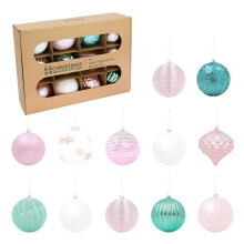 (Pink, Blue & White) The Christmas Workshop Set of 12 Shatterproof Textured Baubles