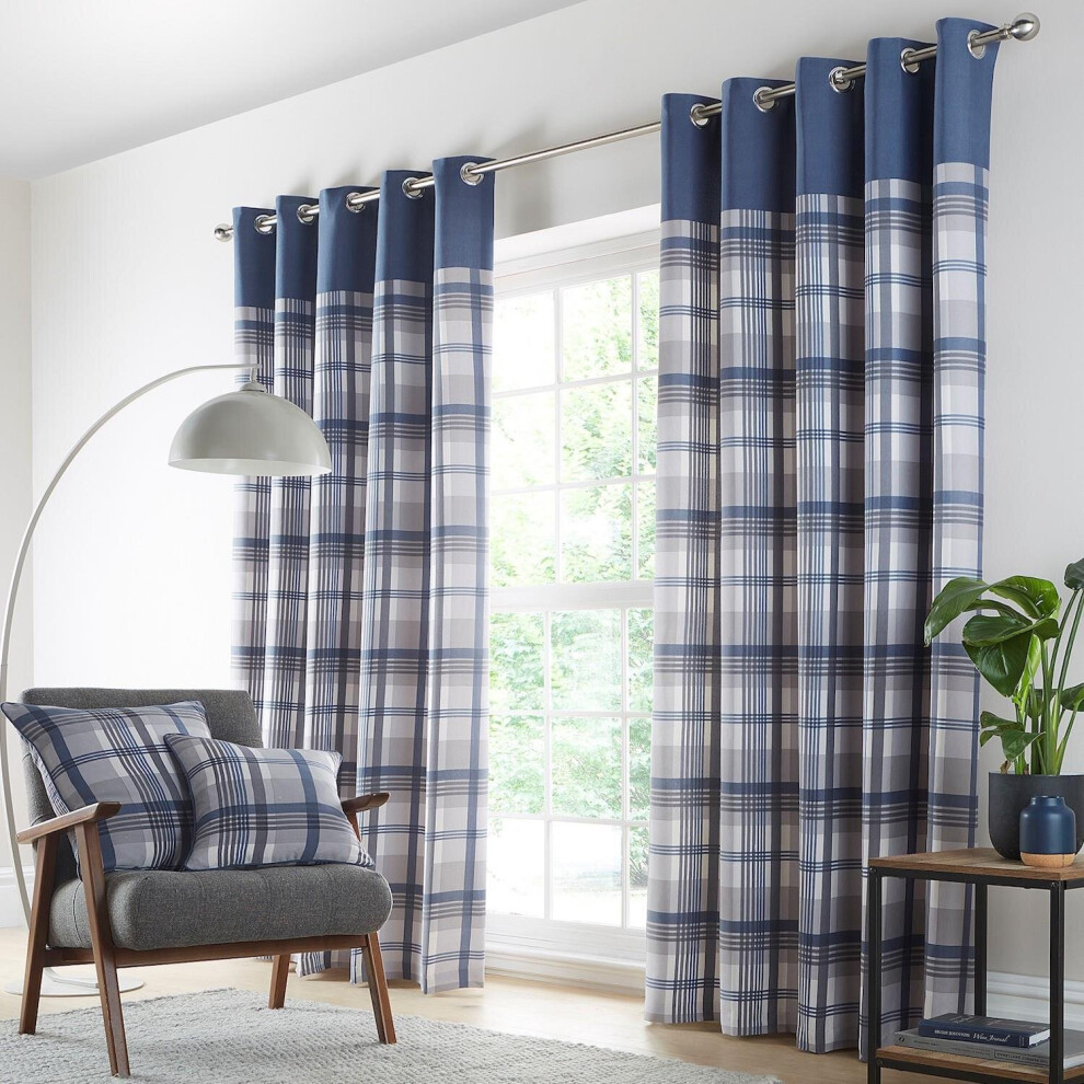 (66 x 90" (168x229cm)) Curtains Blue Grey eyelet ring top lined curtains tartan check ready made