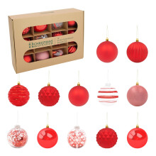 (Red) The Christmas Workshop Set of 12 Shatterproof Textured Baubles