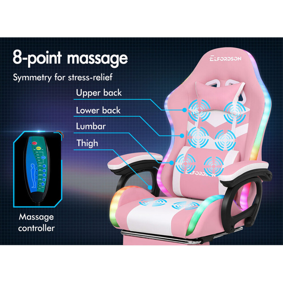 ELFORDSON Gaming Office Chair 12 RGB LED Massage Computer Seat Footrest Pink