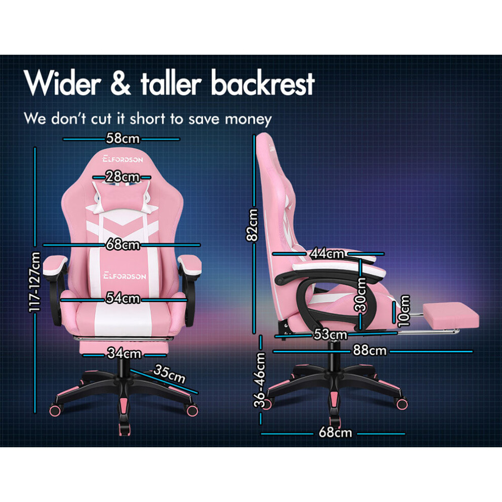 ELFORDSON Gaming Office Chair 12 RGB LED Massage Computer Seat Footrest Pink