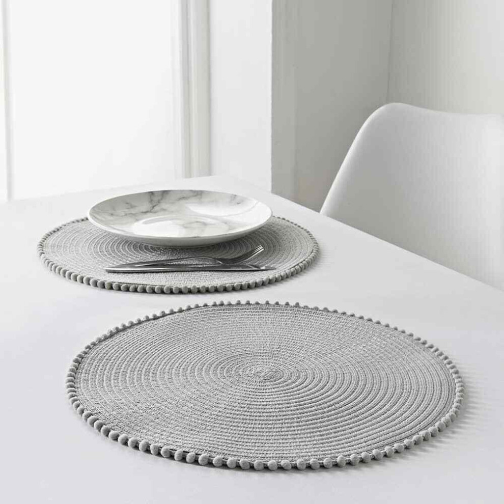 (Set of 8, Grey ) Set Of 4/8 Table Place Mats Blush Pink Grey Ochre Yellow Round Pom Pom Placemats